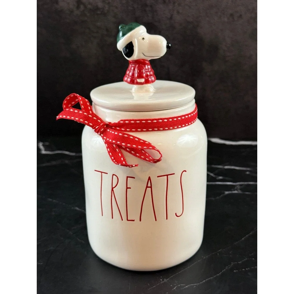 Rae Dunn X Snoopy Peanuts White TREATS Canister Red LL 8in Tall MINT!